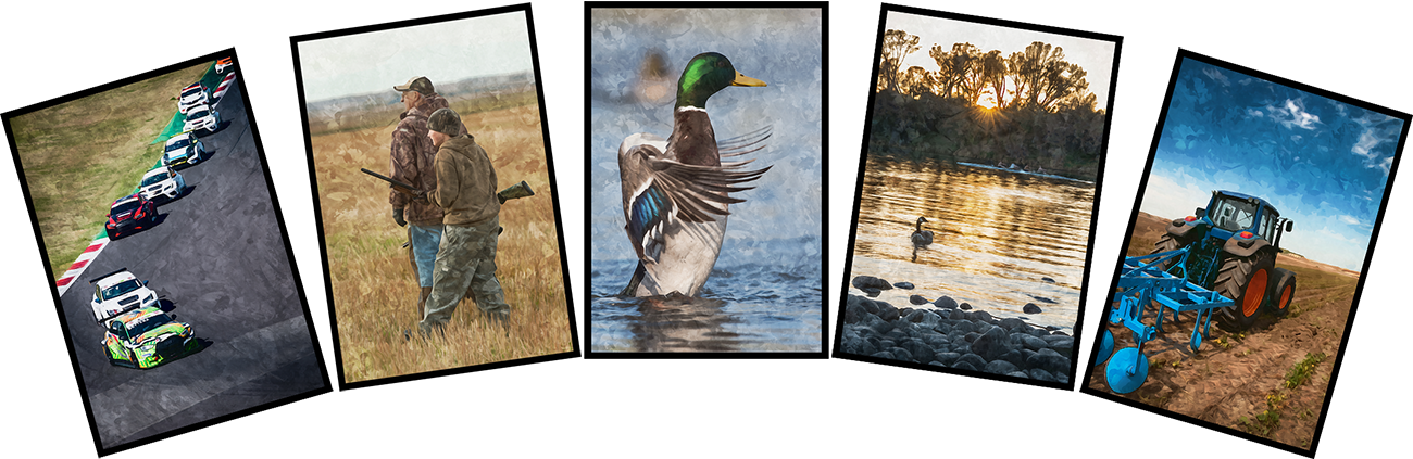 5 images fanned out, one of race cars, one of two people hunting, one of a duck about to fly out of water, one of a duck in water, and one of a plow tilling farmland.