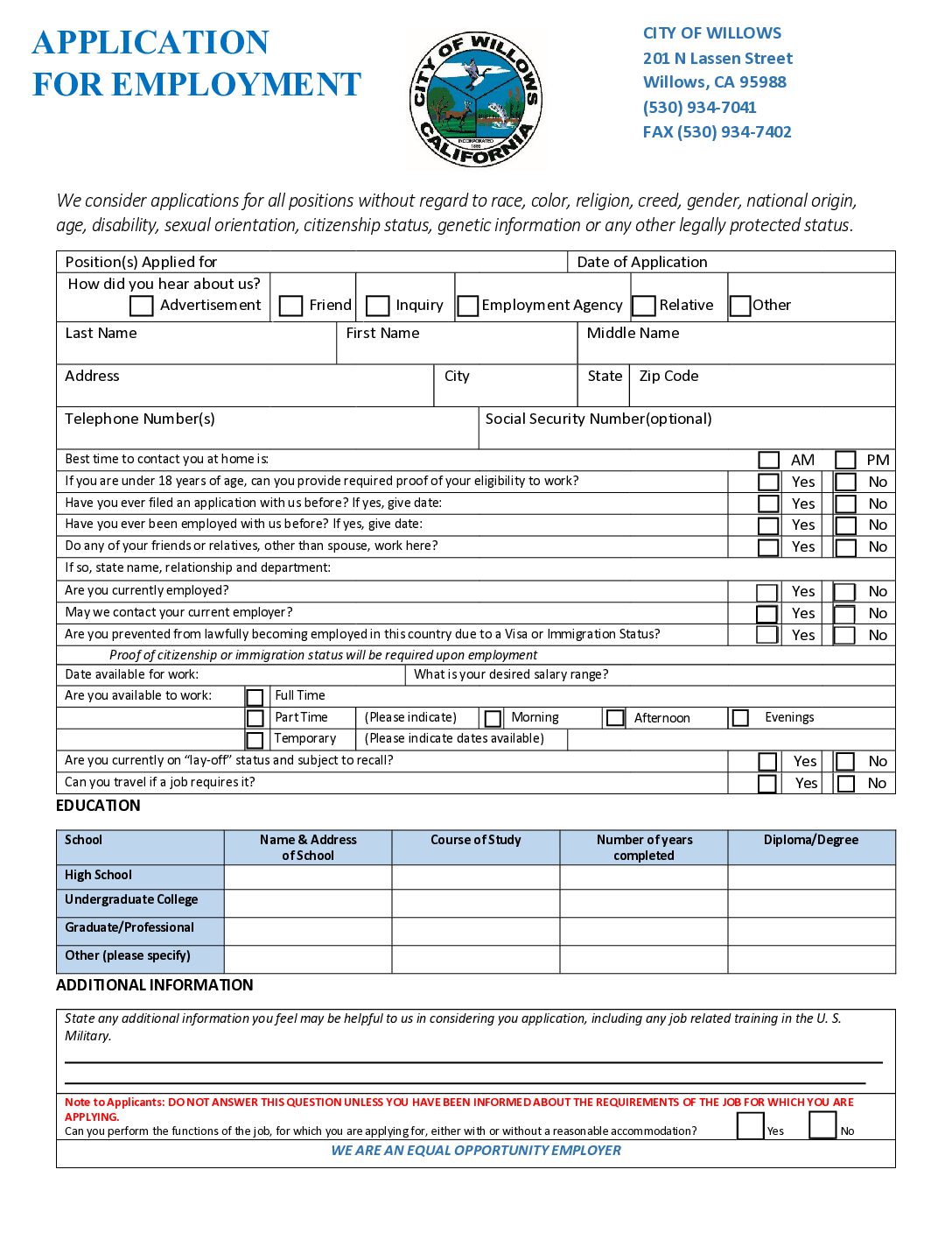 Application for Employment Application for Employment