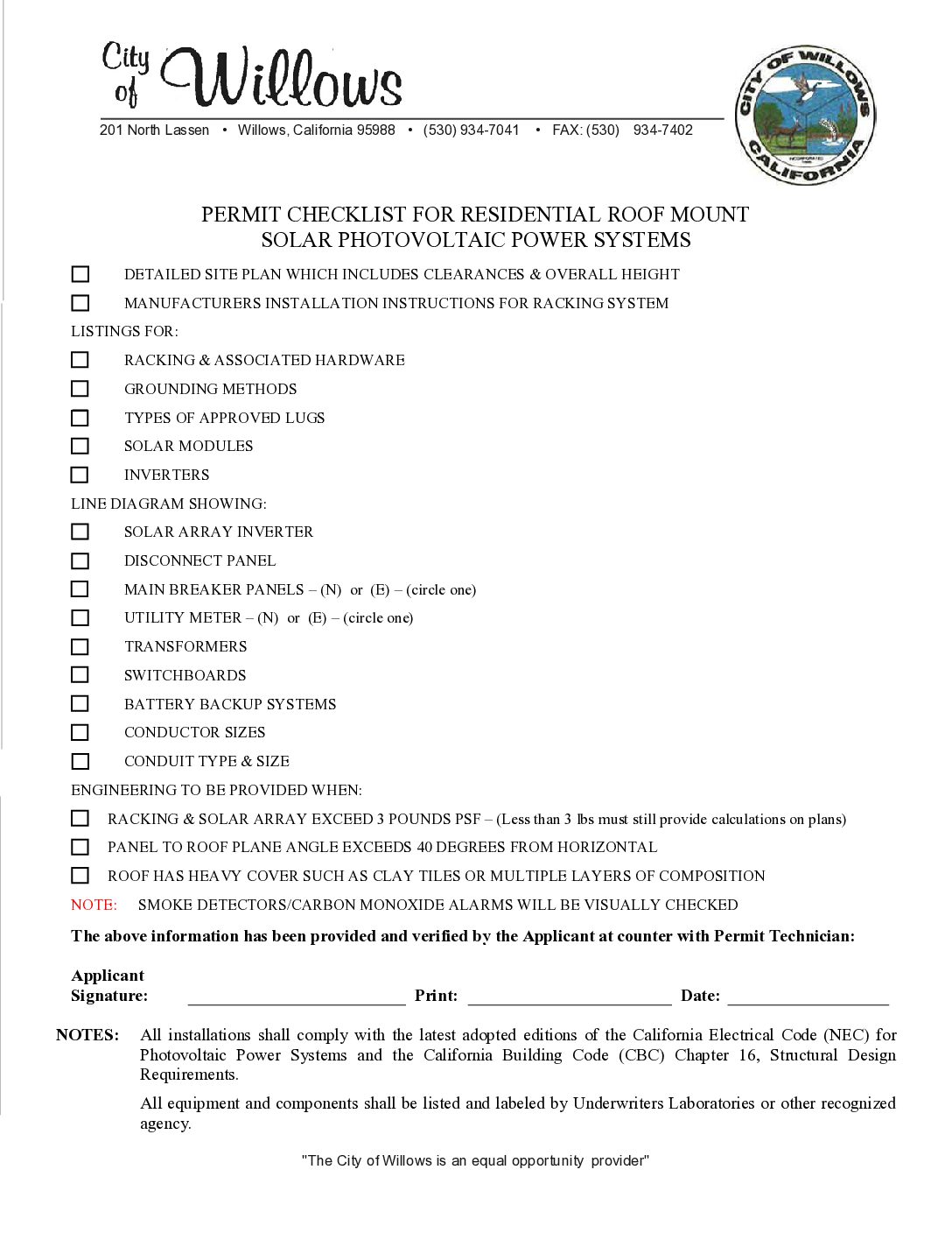 City-of-Willows-Res-solar-requirements-checklist Permit Checklist for Residential Solar