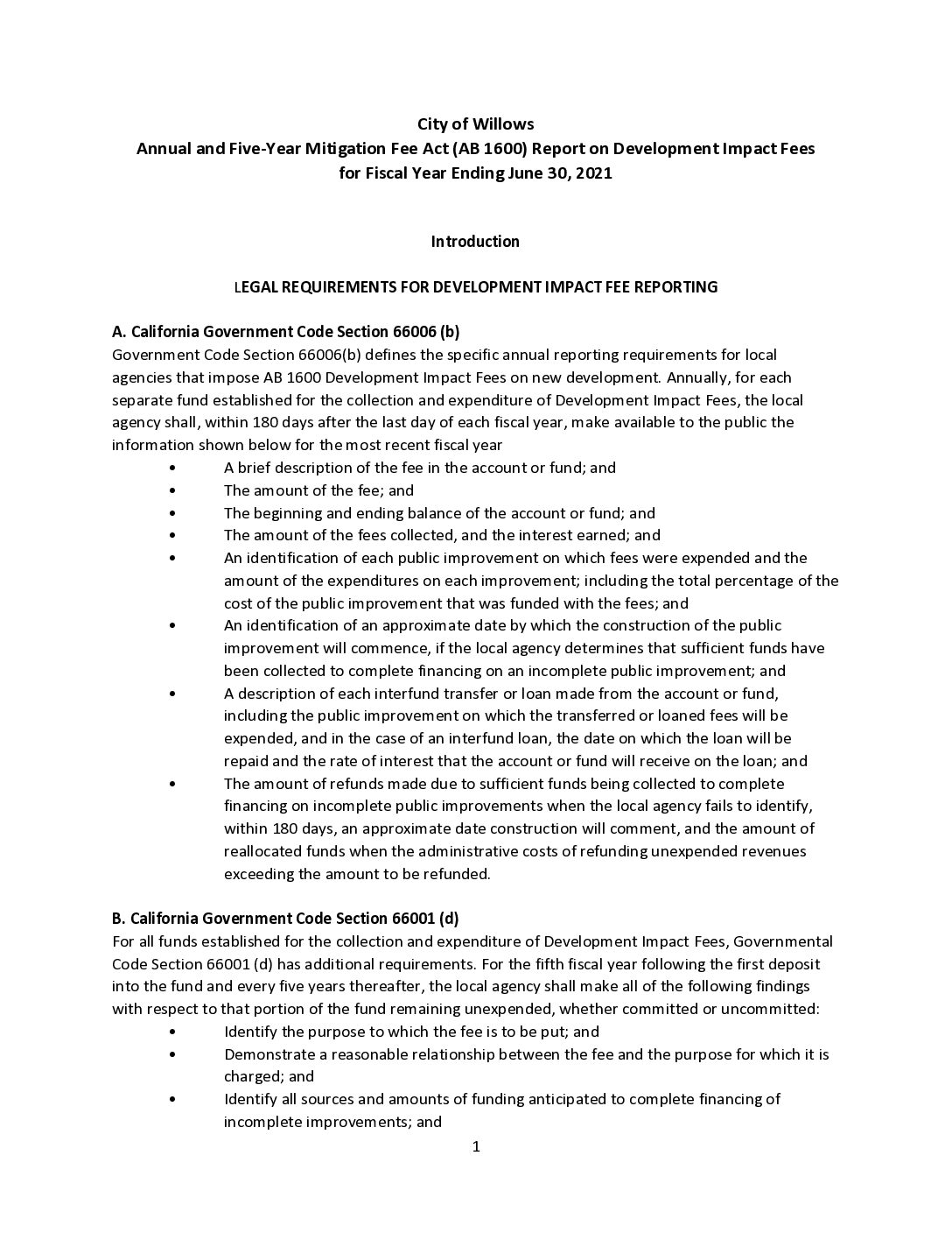 FY-2020-AB-1600-Report-final Annual & Five Year Mitigation Fee Act AB 1600 Report on Development Impact Fees for Fiscal Year Ending 6-30-21