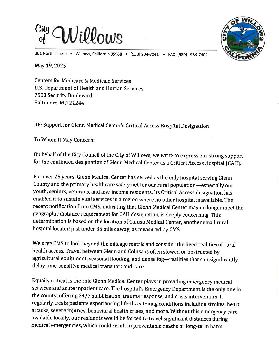 Letter-of-Support-Glenn-Medical-Center Letter of Support Glenn Medical Center