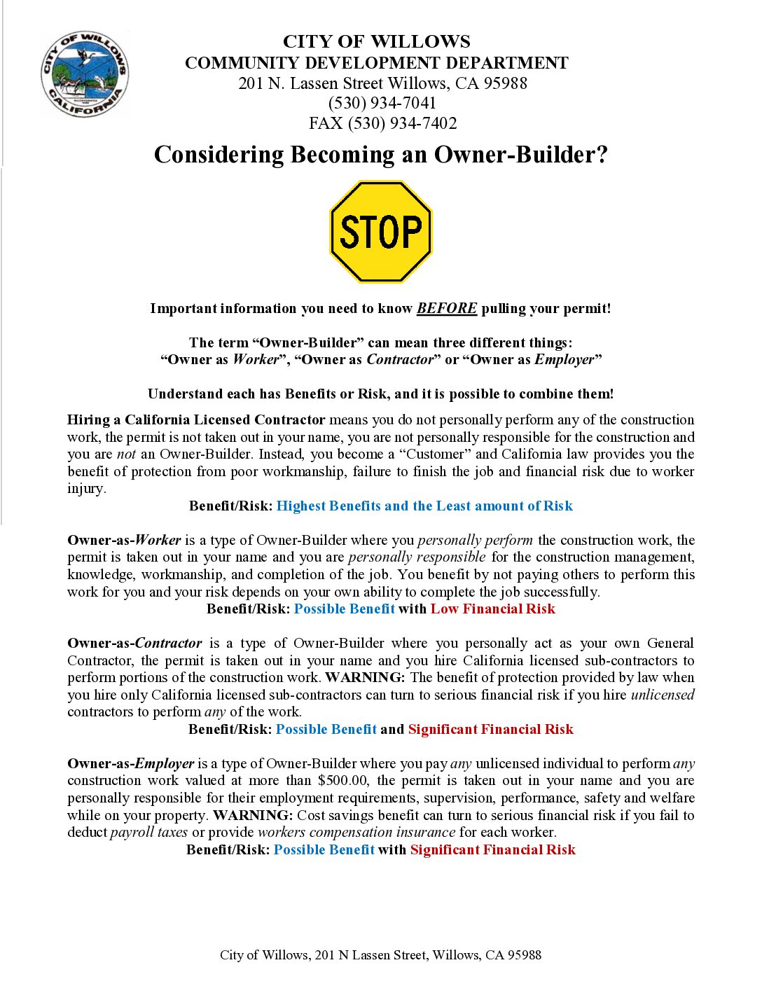 Owner-Builder Owner Builder Information Flyer