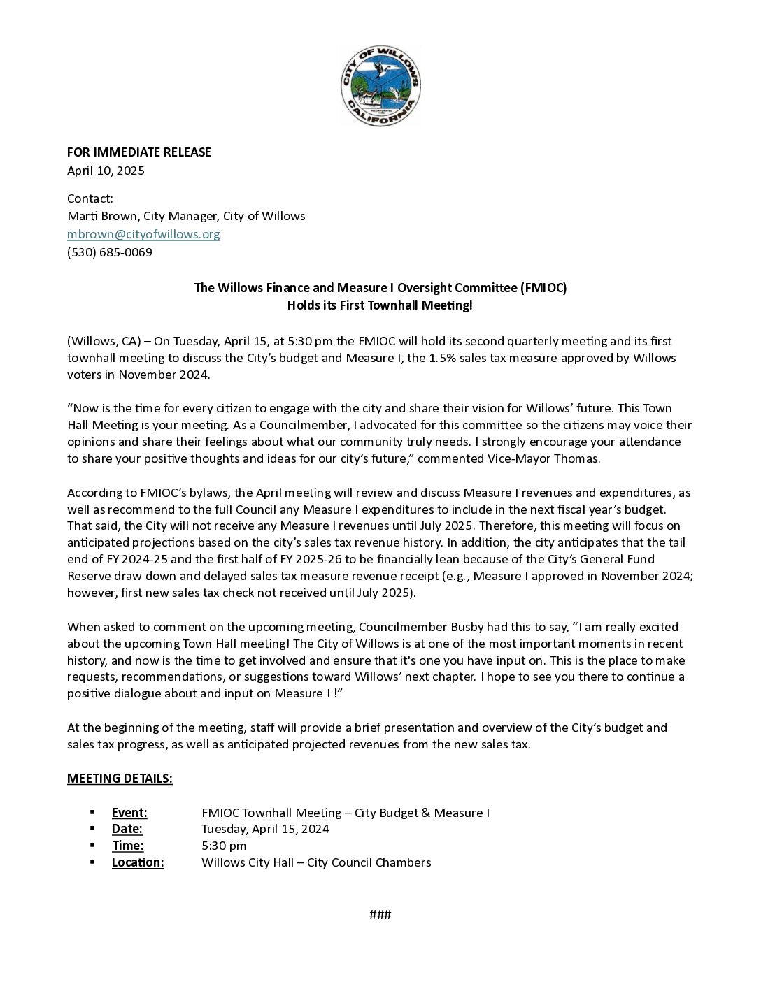 PR-FMIOC-Townhall-Meeting Finance & Measure I Oversight Committee Townhall Meeting Press Release