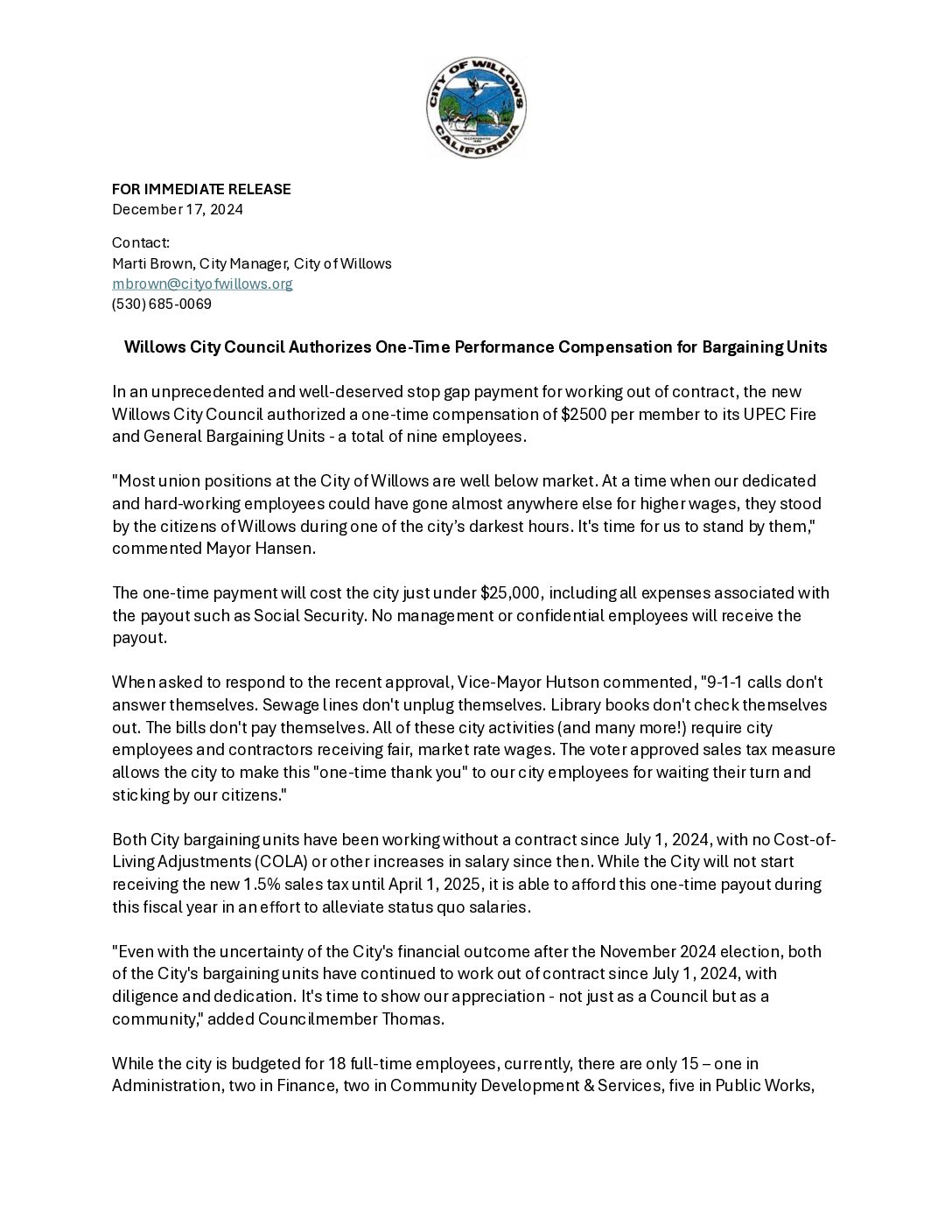 Performance Compensation Press Release Performance Compensation Press Release