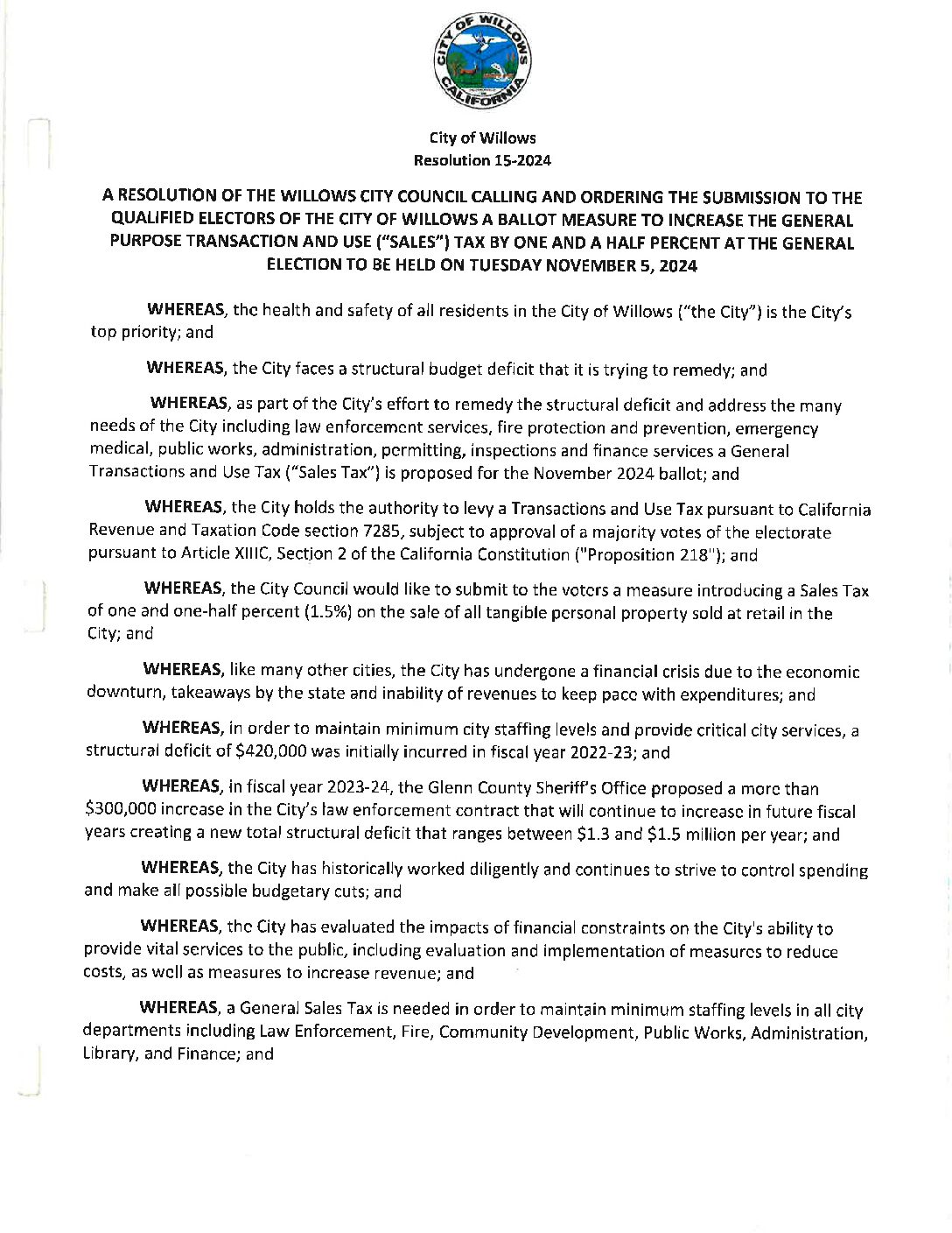 Resolution 15-2024 Measure I Resolution 15 2024 Measure I