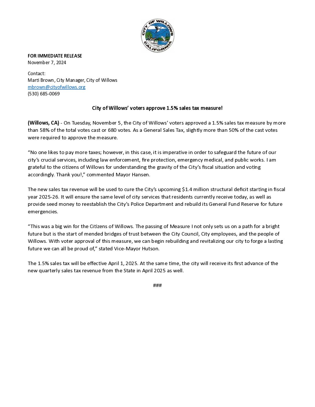 Sales Tax Measure Press Release Sales Tax Measure Press Release