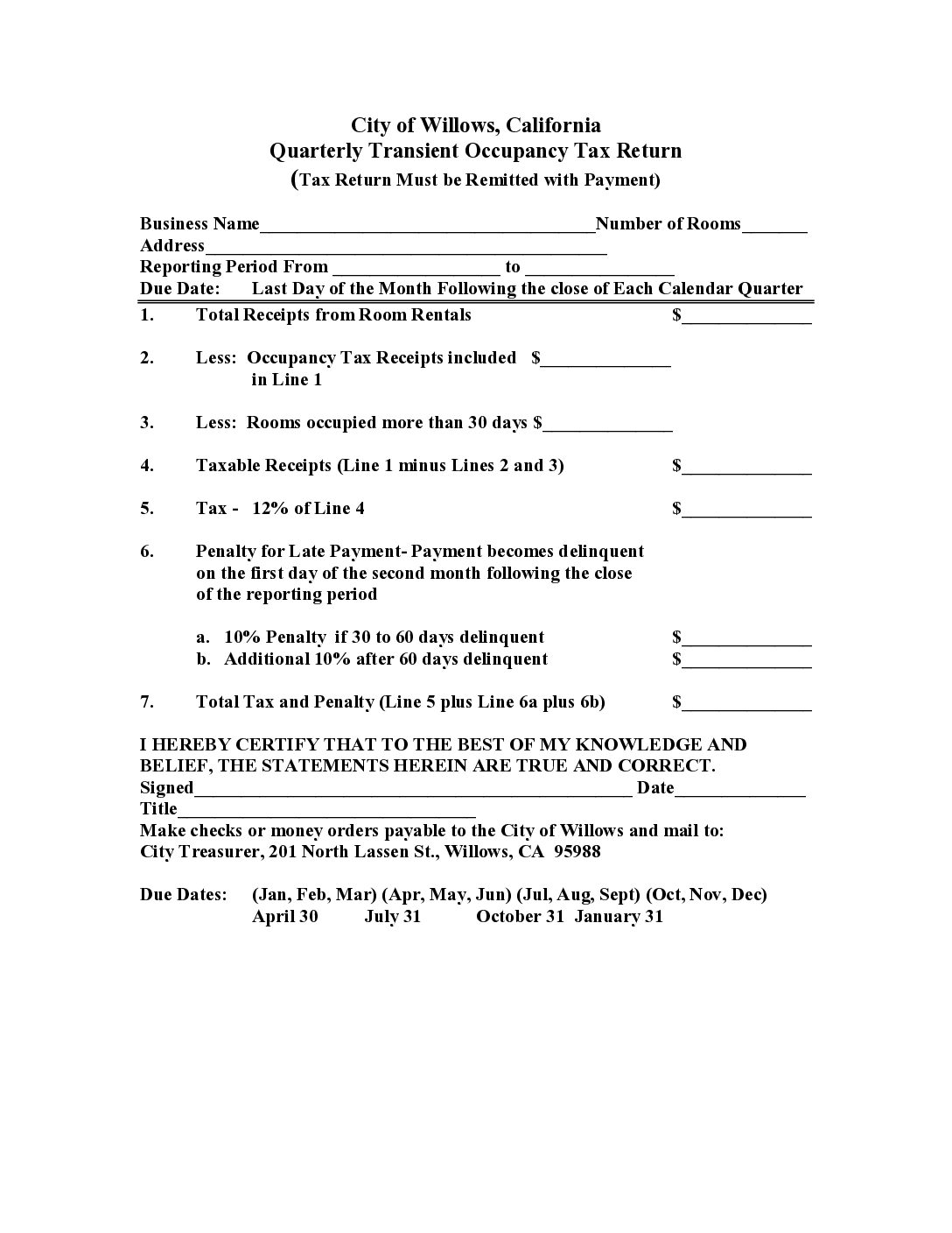 Transient Occupancy Tax Payment Form Transient Occupancy Tax Payment Form