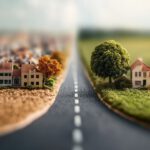 City and country split by two lane road miniature image